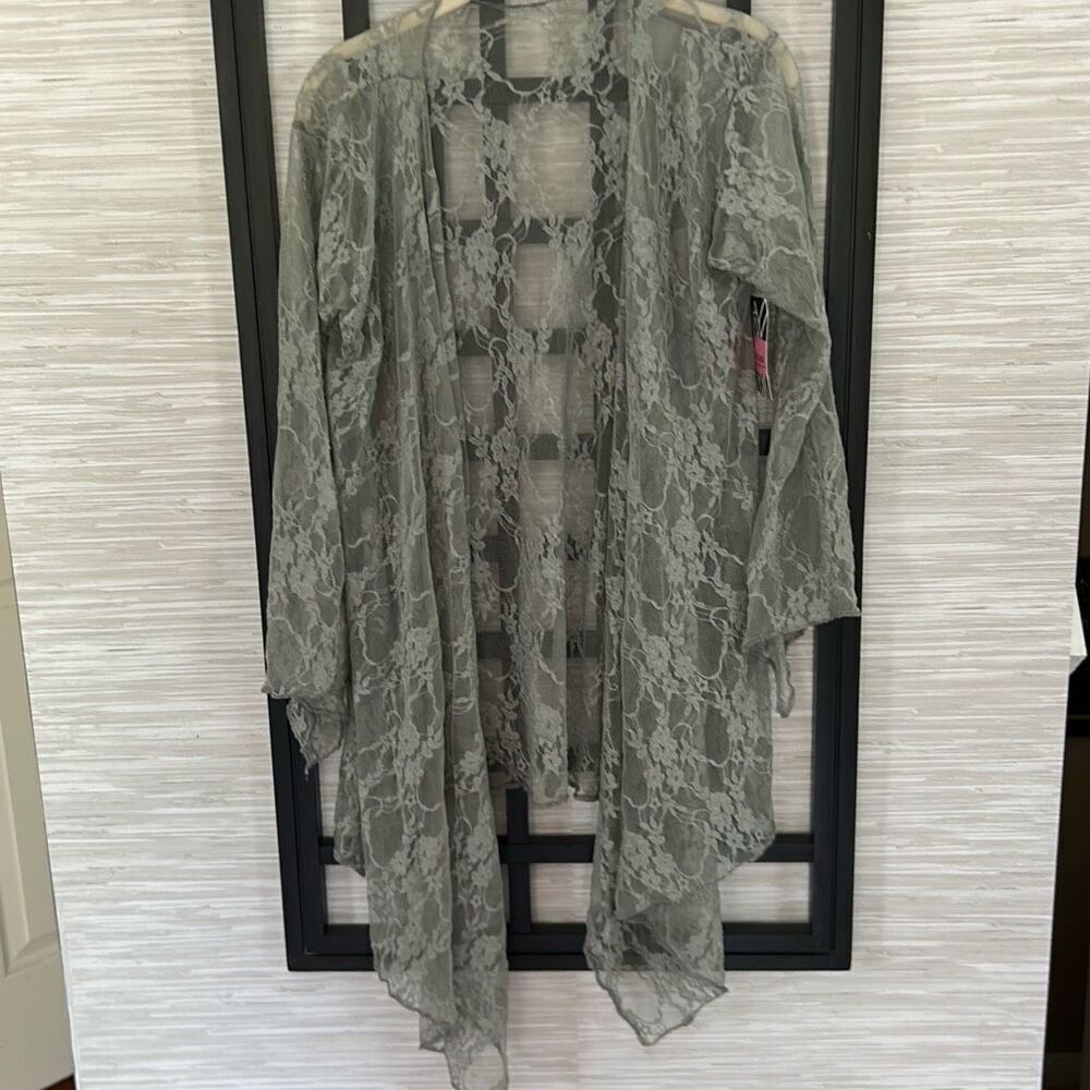 NWT OH MY BOD gray lace long shrug duster jacket sheer great for covering the ar